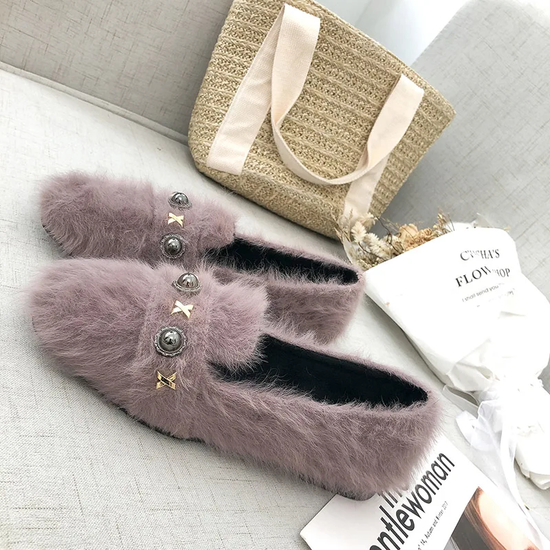 Женские лоферы теплая плюшевая женская обувь на плоской подошве слипоны с