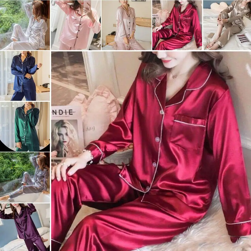 

2Pcs Autumn Pajamas Set Women Solid Color Imitation Silk Homewear Long Sleeve Shirt Pants Nightwear Sleepwear Women Pajamas Set