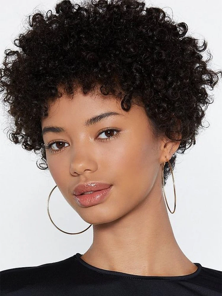 Короткие вьющиеся человеческие волосы парик с кудрявыми волосами челкой