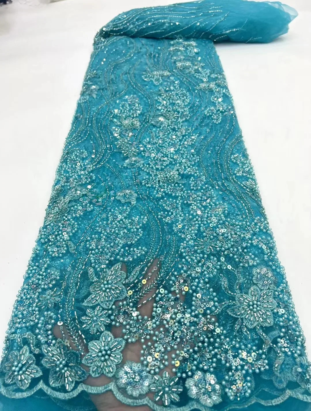 

2022 African Luxury Blue Color Handmade Beaded Lace Voile Sequins Fabric Nigerian Latest 3D Embroidery For Women Party Dress