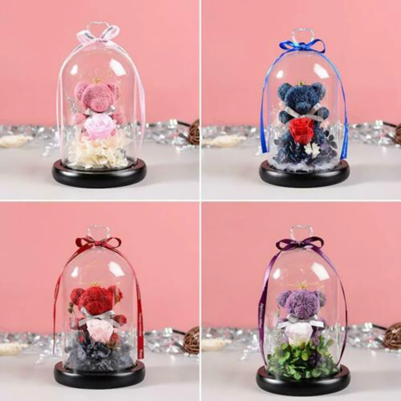 

Bear Rose Flower Glass Cover Led Light Mother's Valentine's Day Gift DTT88