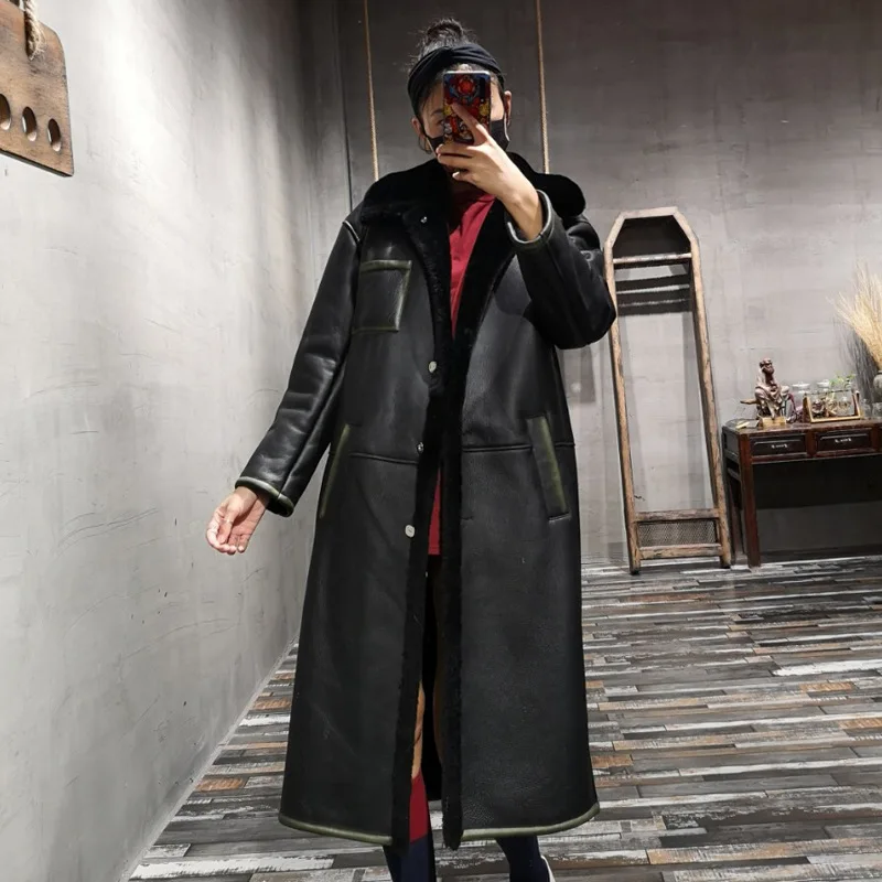 Sheepskin all-in-one jacket women's mid-length over-the-knee shearing wool jacket high-end 2020 new Spanish women's leather