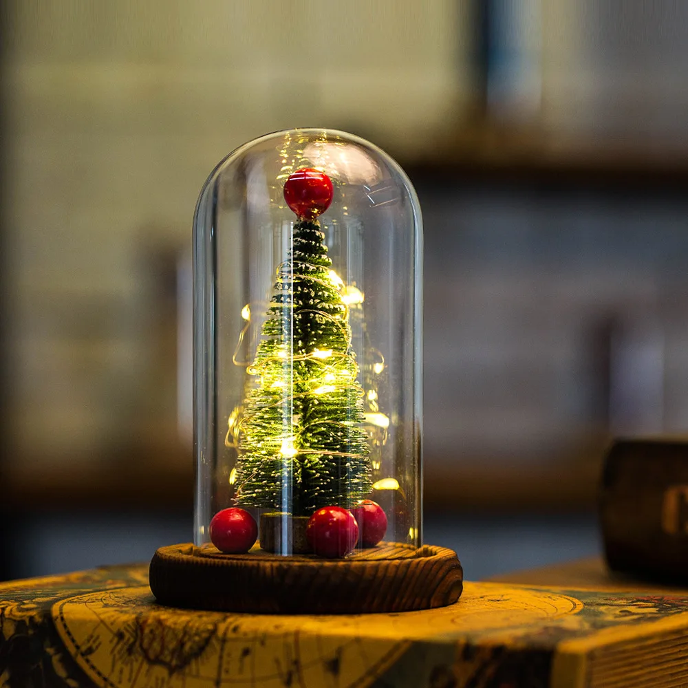 Creative Mini Christmas tree glass cover LED light Christmas decoration gift ornaments decoration christmas decorations 1set mini christmas tree lovely santaclaus glass dome bell jar christmas glass dome wood base light valentine gift home decor