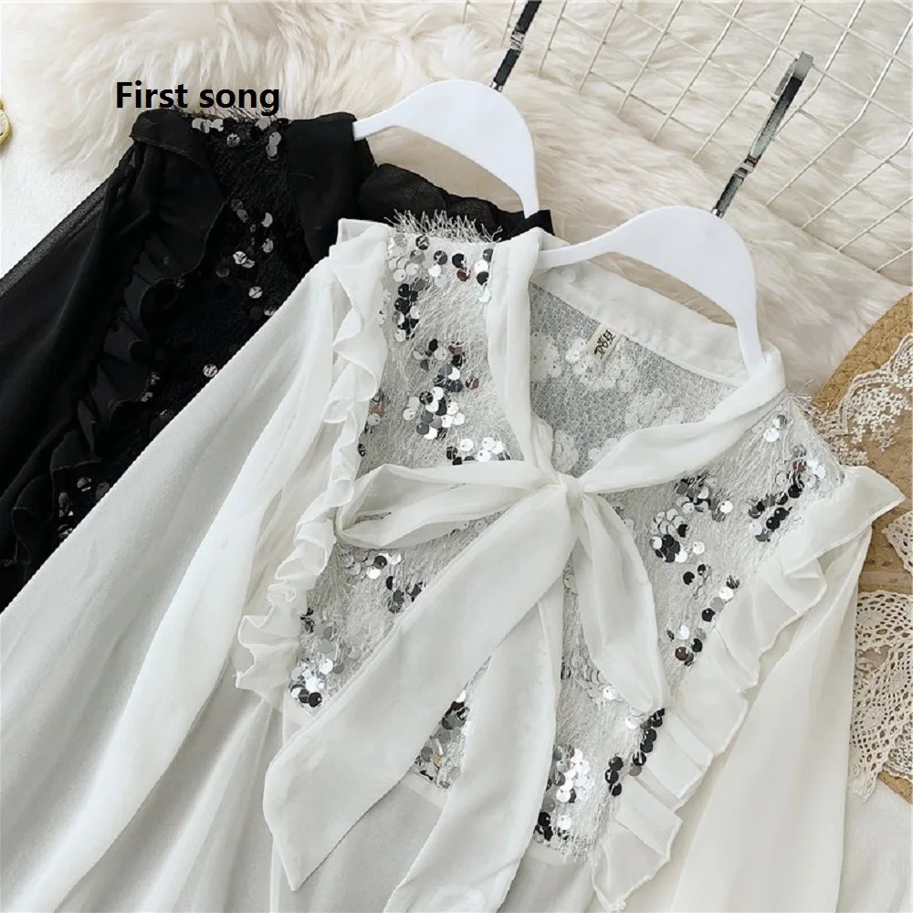 

First song Women's elastic waist shirt 2019New trumpet sleeve V-neck bow stretch street long-sleeved women's chiffon shirt XL