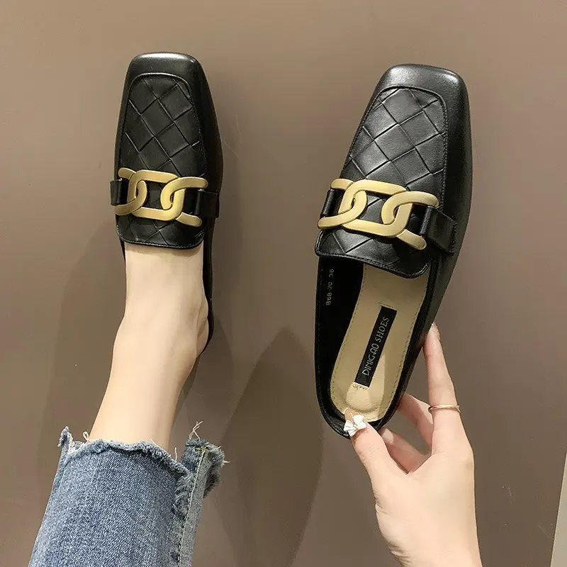 

XIXIYIPIN Fashion All-match Dress Designer Shoes for Women Mules Summer Outdoor Leather Ladies Loafers Luxury Brand Slippers