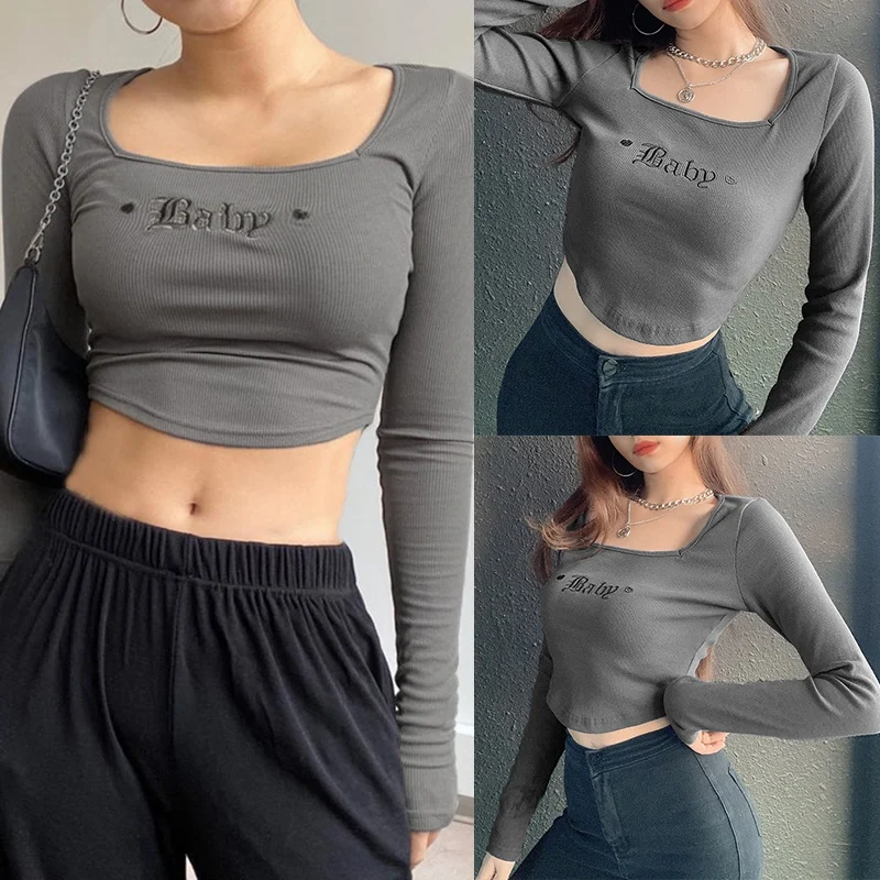 

ТРИКОТАЖНЫЙ УКОРОЧЕННЫЙ ТОП С Вышивкой Букв, базовые пуловеры с длинным рукавом, короткая футболка с круглым вырезом, женская одежда в стил...