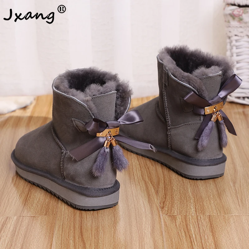 JXANG 2020 классические модные женские ботильоны из овечьей кожи с бантом Зимние