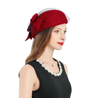 fashion fascinators hat for women elegant fedoras cap red church hat wool bow knot mesh headpiece lady wedding party womens hat