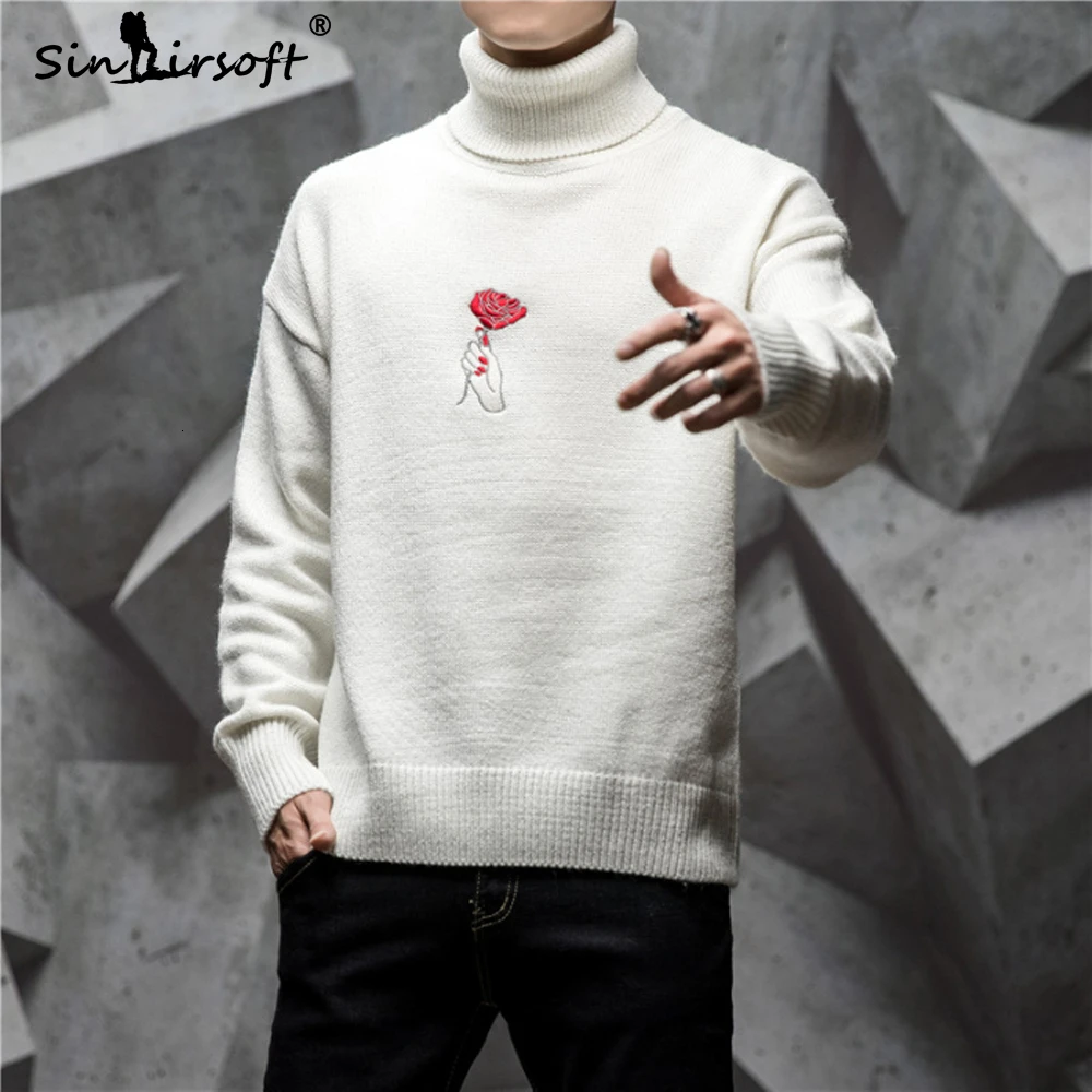 Rose Embroidery Pullovers Men's Turtleneck Long Sleeve Casual Sweater Warm Male Black And White 2019 Fashion Top Clothing M-3XL | Мужская