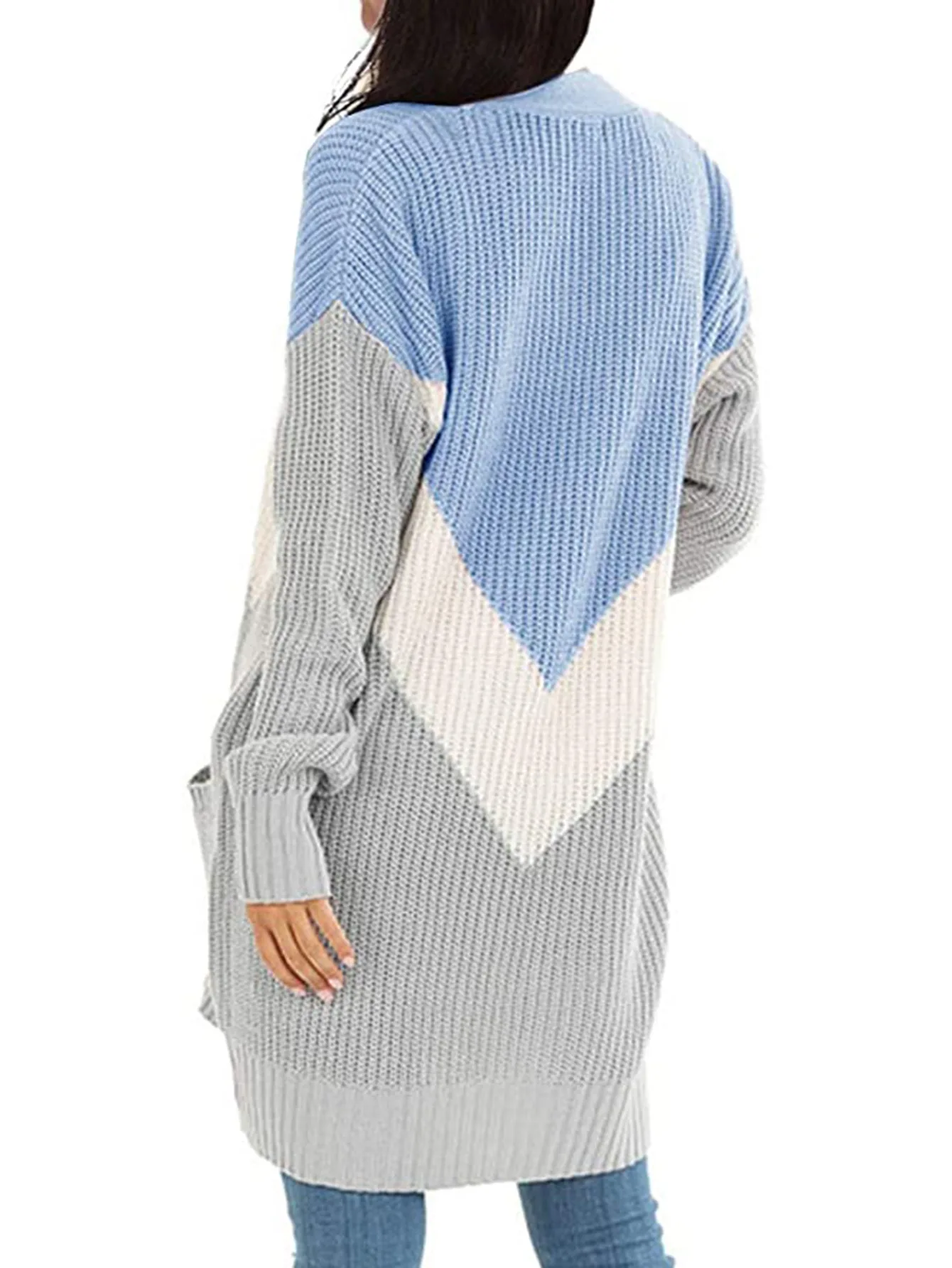 

Winter Casual V-Neck Long Cardigan for Women Autumn Patchwork Long Sleeve Pocket Knitted Sweater Womens Cardigans Kobieta Swetry