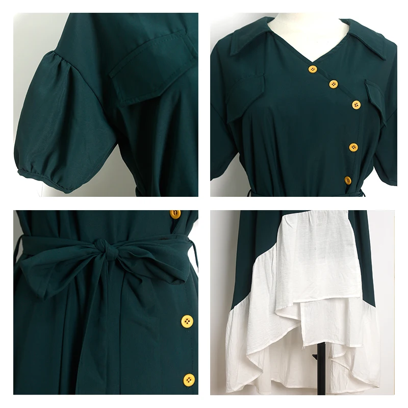 

Korean Summer Casual Single-breasted Lantern Sleeve Stitching Color Pleated Irregular Big Swing Dresses for Women A-Line Dress
