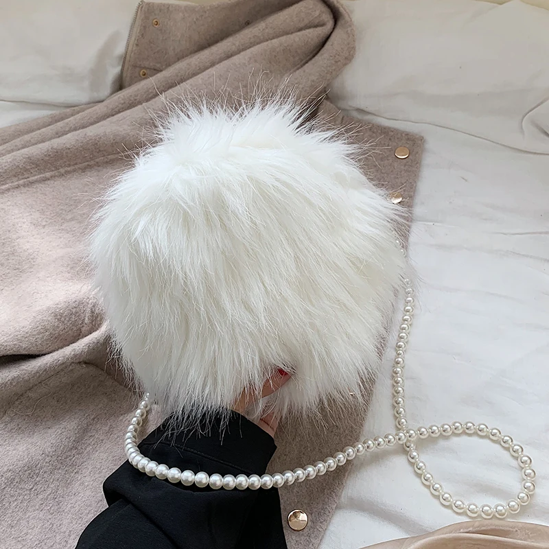 Дамская модная маленькая круглая сумка жемчужный дизайн из искусственного меха