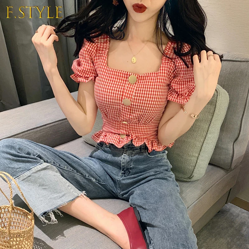 

Vintage Plaid Crop Blouse Women Summer Square Collar Puff Sleeve Button ladies Tops Plus Size Blouses Shirts chemisier femme