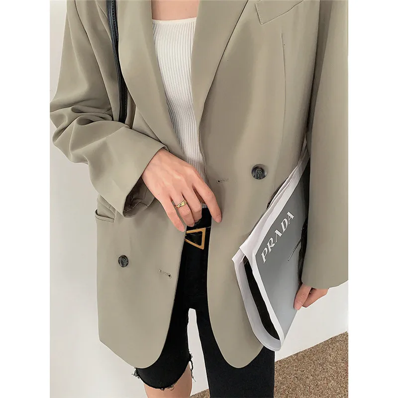 

2020 Autumn And Winter New Simple Double Breasted Solid Color Loose Mid Length Casual Long Sleeved Suit Jacket Female C196