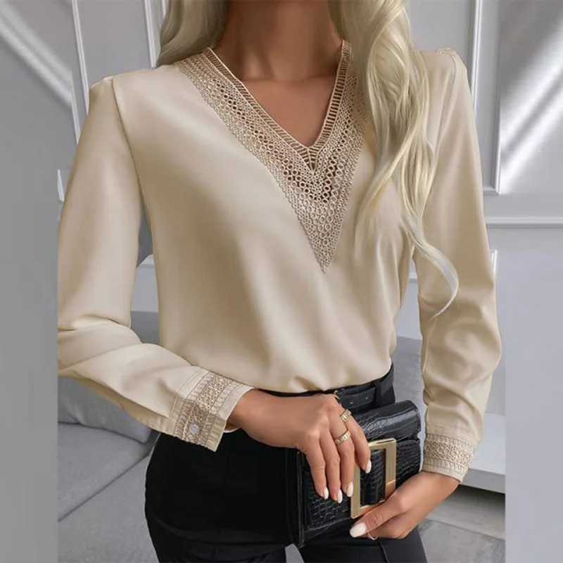 

Women Blouse 2021 Lace Long Sleeve V-Neck Spring Autumn Patchwork Casual Slim Ladies Top Harajuku Shirt Blusa Feminina SJ8216C