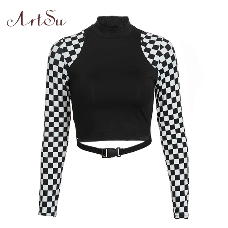 ArtSu Checkerboard короткий топ с длинными рукавами, водолазка с пряжкой, Футболка женская Harajuku, футболка, клетчатая забавная футболка ASTS60396