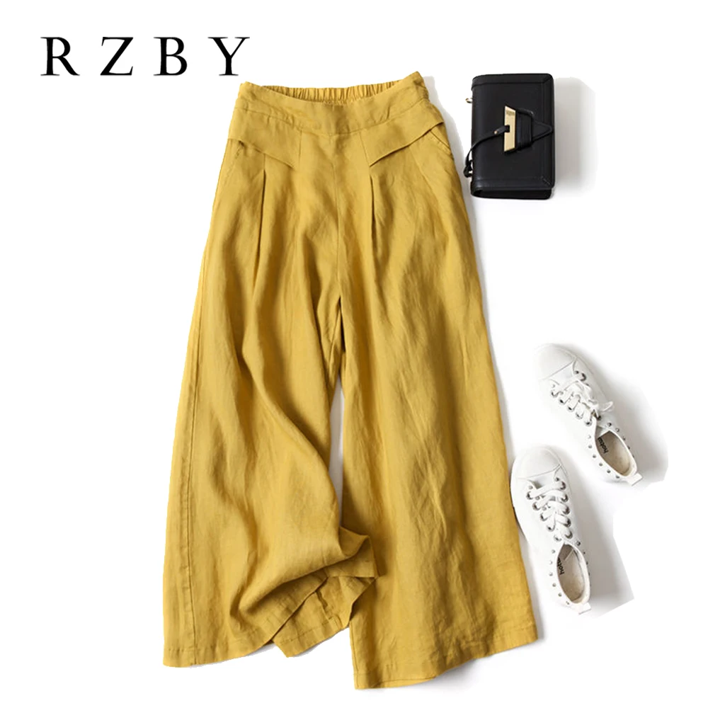 2021 Summer Women Aesthetic Style  Elastic Waist Solid Pants All-matched Casual  Wide Leg Cotton Linen Loose Pantalon RZBY260