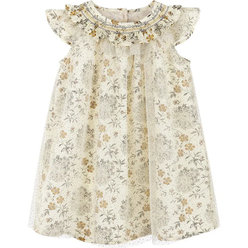 

Baby girl summer vintage floral handmade smocking princess dress kids flying sleeve mesh stitching a-line dress