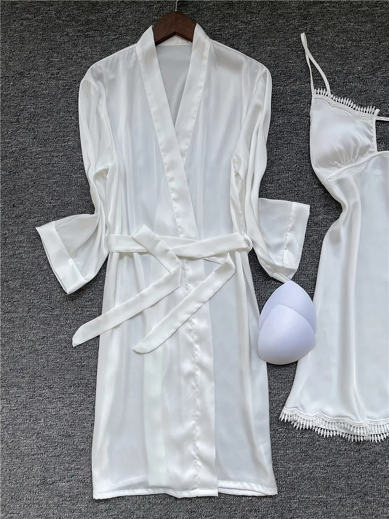 

Wedding Robe Suit Female Bathrobe Sleepwear Satin Summer Sexy V-neck Suspender Nightdress Lace Nightgown Casual Loose Sleep Set