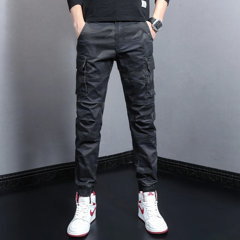 Korean Style Fashion Men Jeans Slim Fit Military Camouflage Casual Cargo Pants Men Overalls Streetwear Hip Hop Joggers Trousers