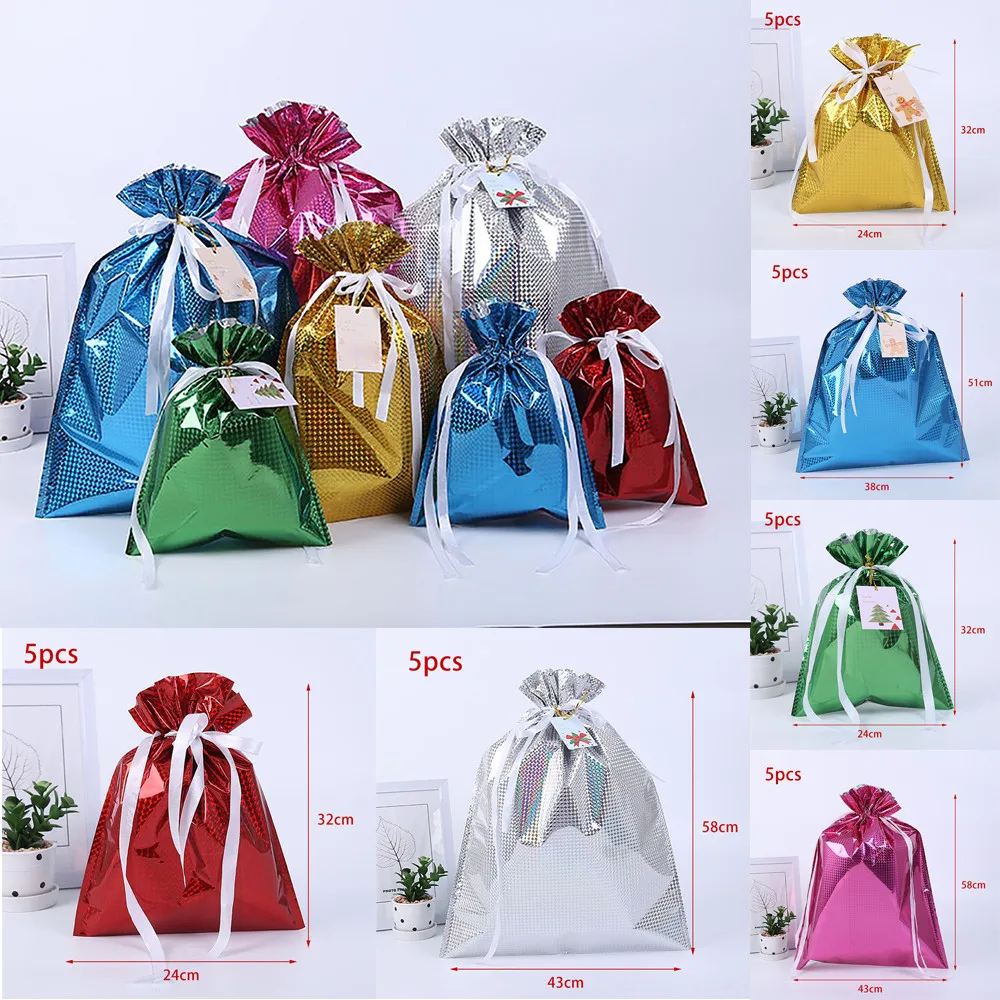 

5PCS Christmas Aluminum Foil Reusable Drawstring Wrap Present Gift Party Bakery Cookies Snack Biscuit Candy Popcorn Pouches