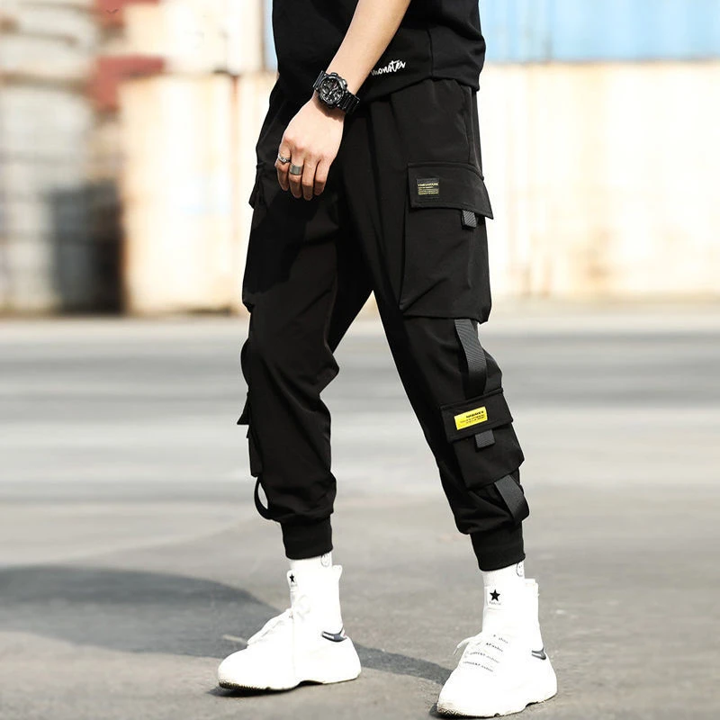 

2021 на весну в стиле «хип-хоп» Джоггеры мужские черные штаны-шаровары Штаны мульти-карман ленты человек впитывает пот и Штаны уличная Повсед...