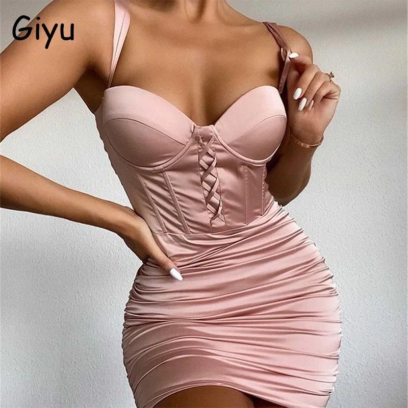 

Летнее женское платье Giyu 2021, сексуальное облегающее атласное платье для клувечерние, элегантное платье с рюшами, женское мини-платье