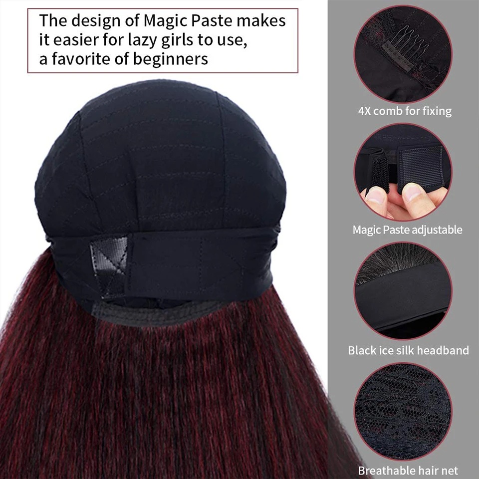 

AISI HAIR Synthetic Kinky Straight Headband Wig for Black Women Black Mixed Red Yaki Hair for Daily Party Wear Easy to Wear