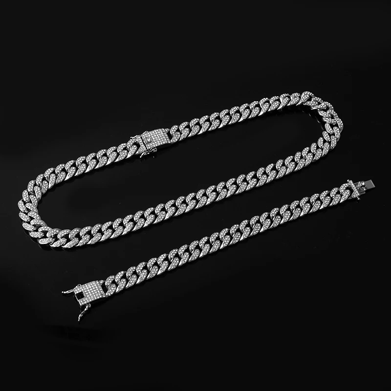

Iced Out Paved Rhinestones 1Set 13MM Gold Gold Full Miami Curb Cuban Chain CZ Bling Rapper Necklaces For Men Hip Hop Jewelry