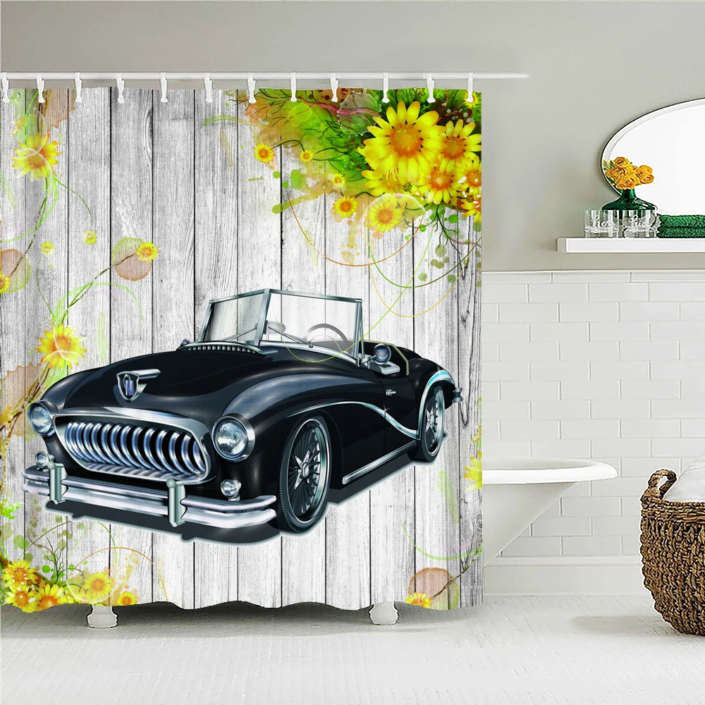 

Retro Classic Car Wood Sunflower Bath Curtain Waterproof Fabric Shower Curtains Bathtub Screen for Bathroom Home Decor With Hook