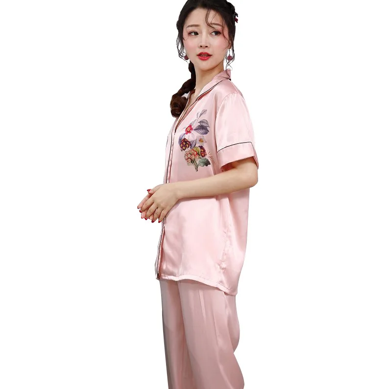 Spring Autumn Women's Pajamas Set Summer Printed Nightwear Full Length V-Neck Short Sleeve Two Piece Silk Home Wear Sleep Wear