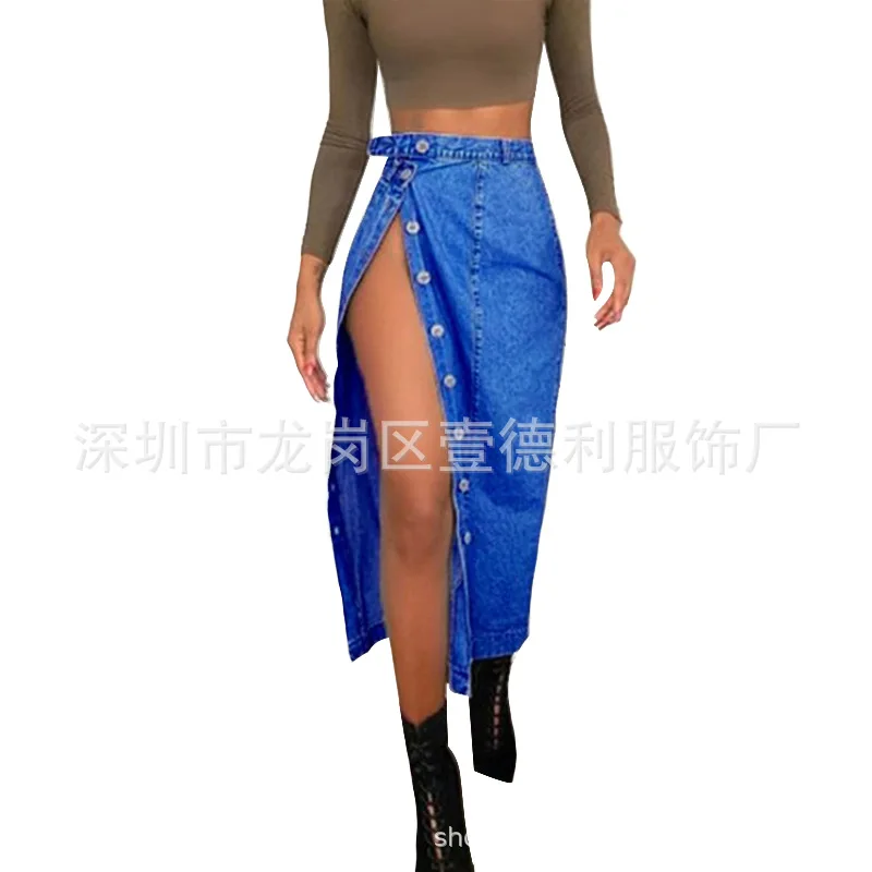 

Kalenmos Casual Denim Skirt Stitching Buttons High Waist Line Simple Style Irregular Split Hip Skirt Streetwear Spring 2021