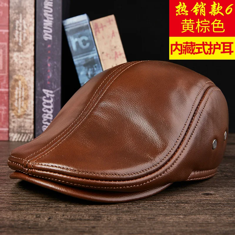 Yellow brown Натуральная кожа модная кепка мужская голова слой воловья кожа берет коровья кожа среднего возраста шляпа наушники - Цвет: Yellow brown
