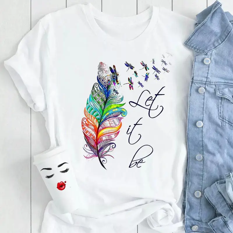 

Women Fashion Feather New Style Trend Cartoon Female Ladies Print Clothes Tops Tees Tshirt Mujer Camisetas Graphic T-Shirt