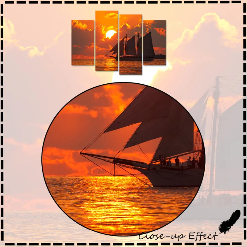 

Seascape Canvas Painting Sailboat on Ocean Wall Art Poster 4 Pieces Beautiful Sunset HD Print Home Decor Modern Picture