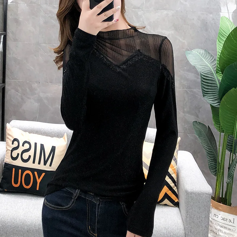 

One-Piece Ready Origional Women's Clothing Fashion2020 Spring and Autumn New Style Silver Scheming Mesh Slimming Base Shirt-