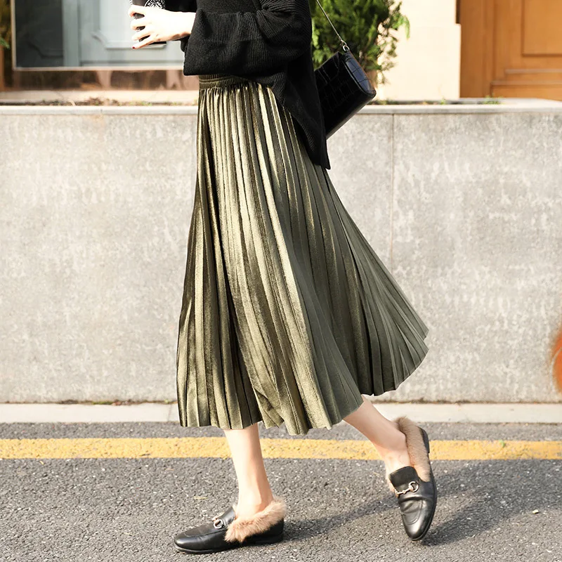 

Women's Summer Skirt Midi High Waist Velvet Pleated Vintage Black Party Skirt Women's 2020 Fashion Long Maxi Elascity Casual New