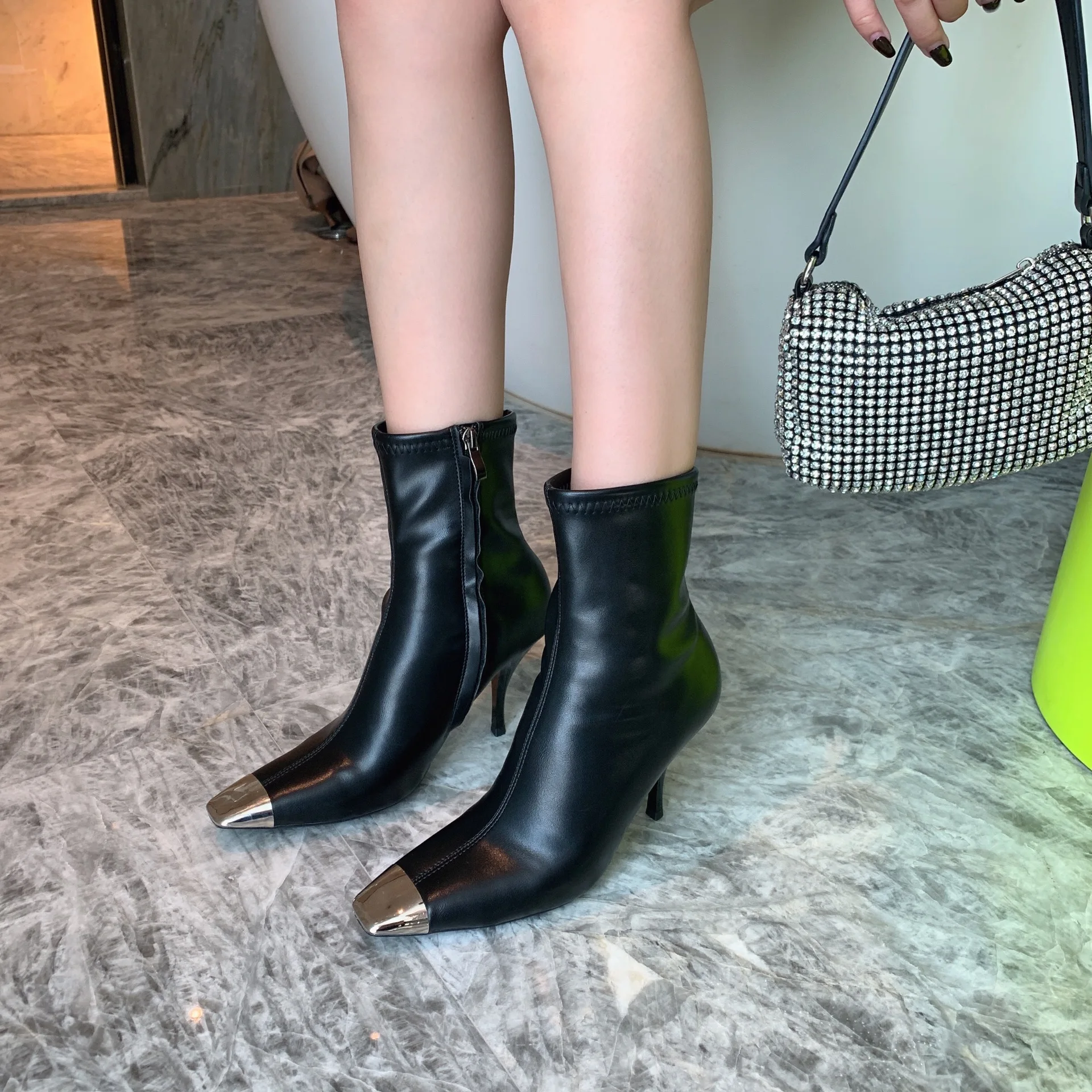 

Metal Toe Short Boots Women's High Heel Stiletto Patent Leather Square Toe Office Lady Boots 2021 Autumn Winter New Ankle Boots