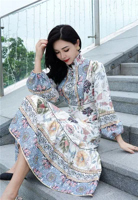 

Runway Elegant Vintage Printed Long Maxi Dress Women Lantern Sleeve Stand Collar A-line Dresses Party Fashion Ladies Vestidos