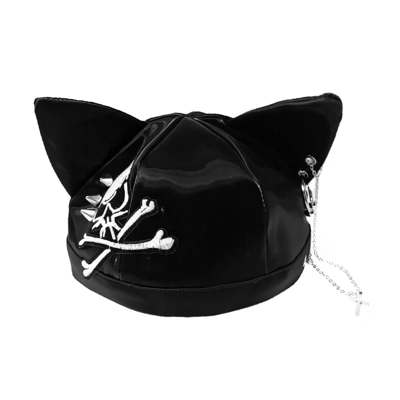 Beanie Hüte Gothic Katze Ohren Punk Schädel Patch PU Bonnet Cap Steampunk Nieten Ketten Hip Hop frauen Hut Headwear