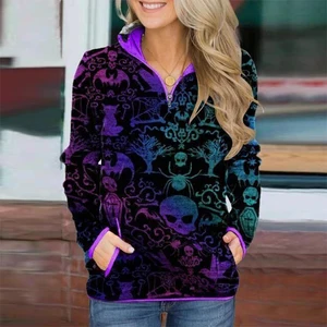 autumn winter casual stand collar zip hoodies women long sleeve skull print sweatshirt female streetwear loose pocket hoodie top free global shipping