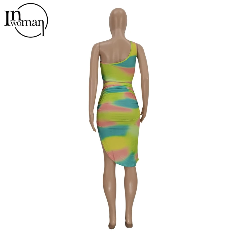 

Inwoman Sexy One Shoulder Print Top Backless Sleeveless Top Summer Two Piece Set Women Club 2 Piece Ruched Slit Skirts Outfits