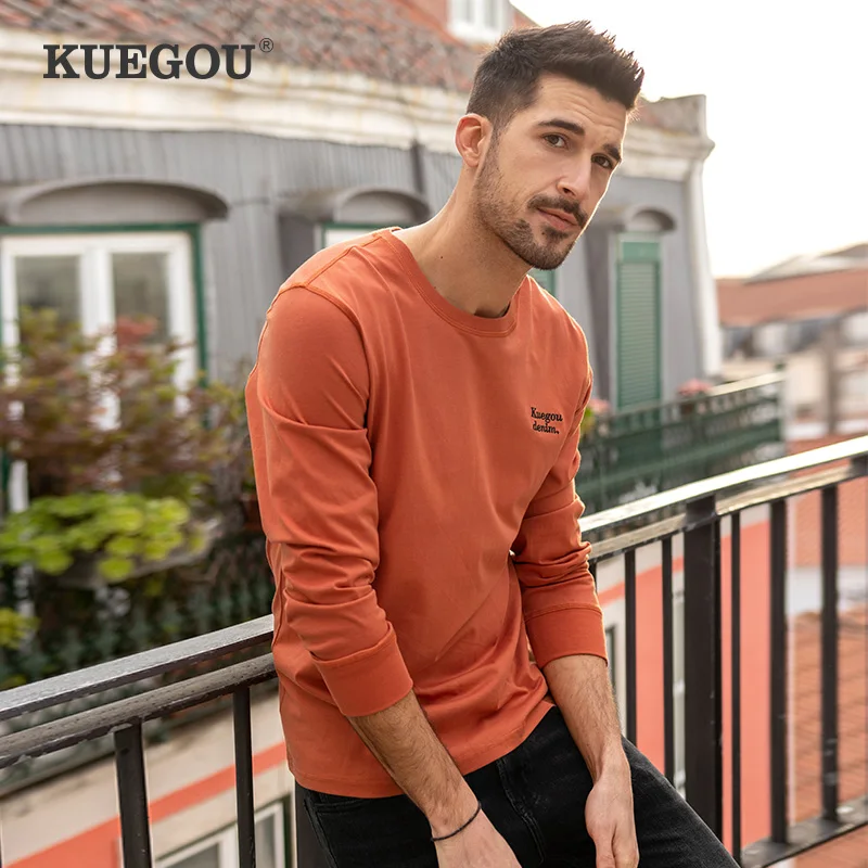 

KUEGOU 100% Cotton Spring Fashion Clothing Men‘s T-shirt Long Sleeve Simple Tshirt Letter Embroidery Top Plus Size ZT-88127