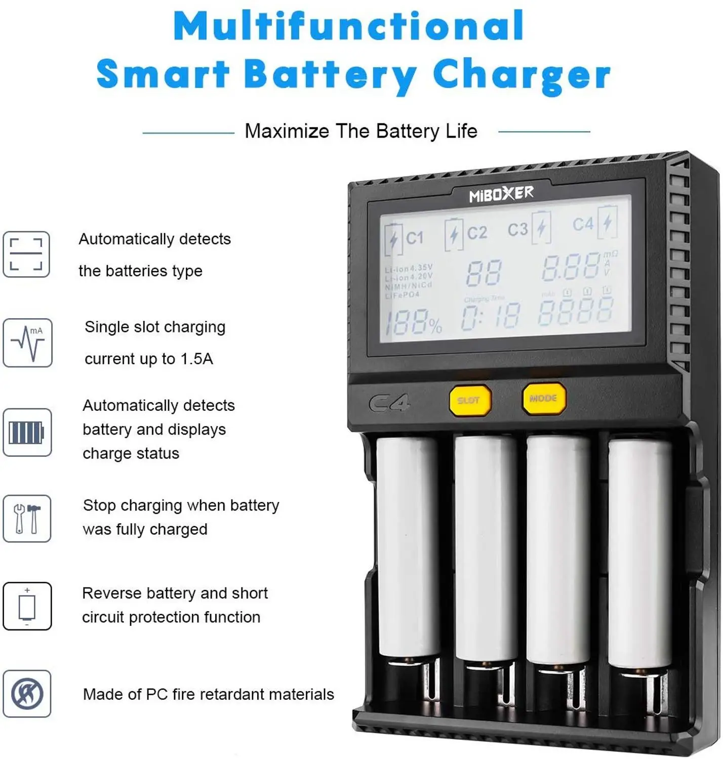Умное зарядное устройство Miboxer C4 с ЖК-дисплеем для Li-Ion IMR ICR LiFePO4 18650 14500 26650 21700 AAA