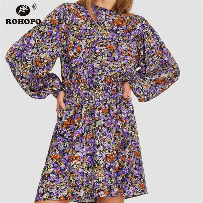 ROHOPO круглый воротник пышное длинный рукав фиолетовое цветочное мини платье