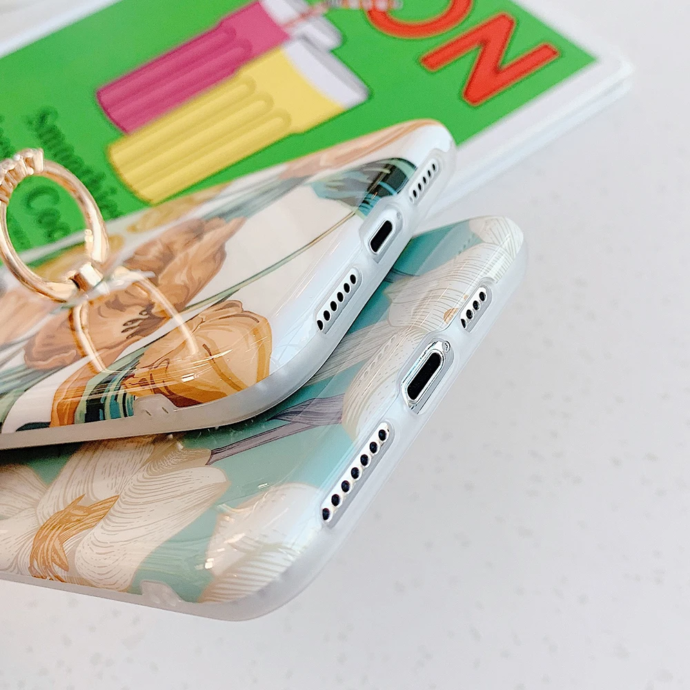 Чехол-подставка для телефона в стиле ретро с акварельным цветком и кольцом iPhone 12