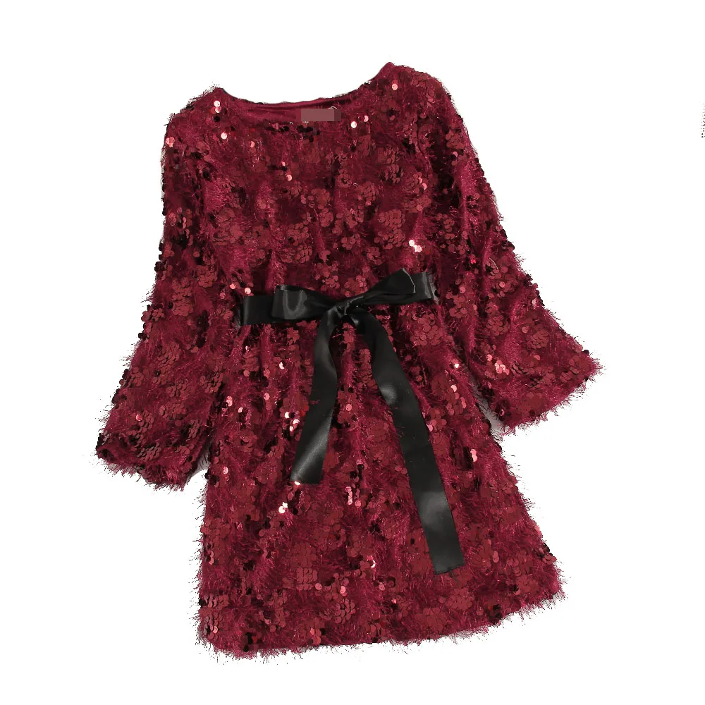 

Women's Sequins Dress Winter Bow Belt Tassel Long Sleeve High Waist Solid Lady Bodycon Mini Dresses Woman Vestido Female LS249