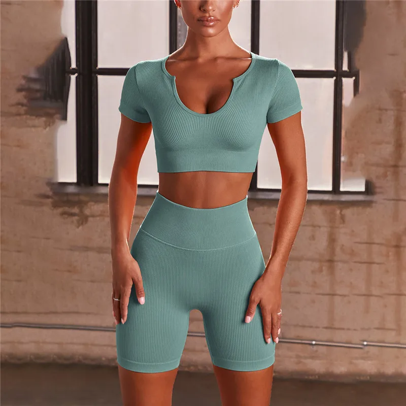 

Woman Yoga Set Seamless V-neck Sleeve Yoga Clothing Fitness Women Elastic High Waist Sports Shorts Workout Sportswear