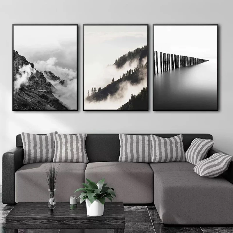 

Cloudy mountain forest image nature scandinavian scenery nordic poster decor landscape print wall art canvas