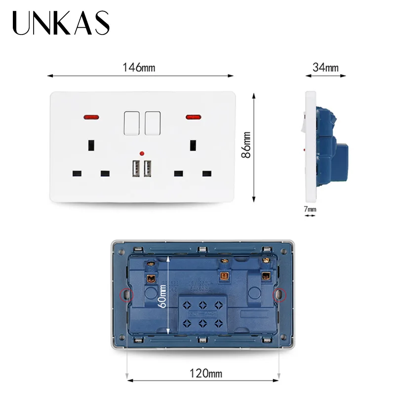 UNKAS настенная розетка двойная 146 мм * 86 белая цветная стандартная переключается 2.1A